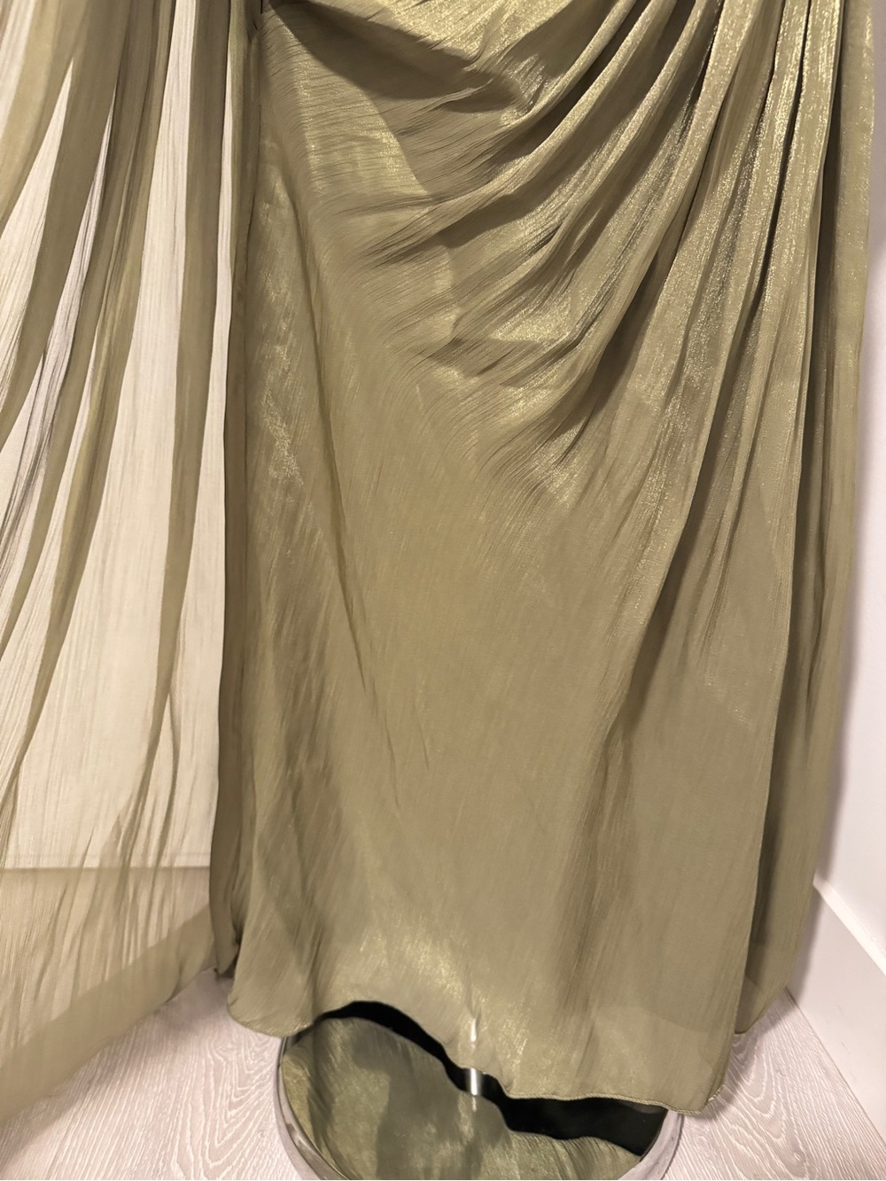 Olive Green Draped Evening Dress with Bow Detail - Picture 6 of 9
